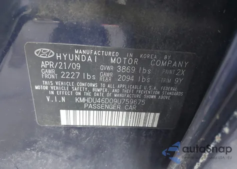 2009 Hyundai Elantra Gls from USA, damaged, VIN KMHDU46D09U759675